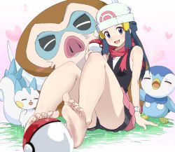 Rule 34 | 1girl, arm support, bare legs, barefoot, beanie, black shirt, black shorts, blue eyes, blue hair, blurry, blurry foreground, blush, breasts, commentary request, creatures (company), dawn (pokemon), feet, feet on toy, holding with feet, foreshortening, game freak, gen 4 pokemon, hair ornament, hairclip, hat, head tilt, highres, knees up, legs, long hair, looking at viewer, mamoswine, multiple others, nintendo, open mouth, pachirisu, pink skirt, piplup, poke ball print, pokemon, pokemon (anime), pokemon (creature), pokemon dppt (anime), poketch, rauto, red scarf, scarf, shirt, shorts, shorts under skirt, sidelocks, sitting, skirt, sleeveless, sleeveless shirt, small breasts, soles, thighs, toes, watch, white background, white headwear, wristwatch
