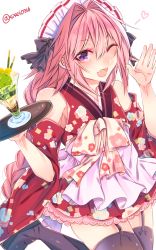Rule 34 | 1boy, astolfo (fate), bad id, bad pixiv id, black thighhighs, blush, braid, drink, fang, fate/apocrypha, fate (series), garter straps, hair ribbon, highres, japanese clothes, long hair, looking at viewer, male focus, one eye closed, open mouth, pink hair, purple eyes, ribbon, shisei (kyuushoku banchou), simple background, single braid, smile, solo, thighhighs, trap, twitter username, white background
