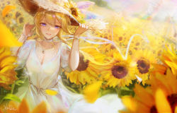 Rule 34 | 1girl, absurdres, blonde hair, breasts, character request, choker, cleavage, copyright request, cross, cross necklace, dutch angle, field, flower, flower field, hat, hat feather, hat flower, highres, jewelry, lace-trimmed choker, lace trim, looking at viewer, necklace, purple eyes, smile, solo, straw hat, sunflower, sunflower field, white choker, xude