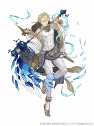 Rule 34 | 1boy, abs, aladdin (sinoalice), ankh, anklet, blonde hair, blue eyes, bodysuit, bodysuit under clothes, bracer, coat, dagger, full body, gold trim, highres, holding, holding staff, jewelry, ji no, knife, looking at viewer, official art, oil lamp, pointy footwear, sash, sinoalice, smile, solo, square enix, staff, usekh collar, weapon, white background, white bodysuit