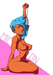 Rule 34 | alien, blue hair, breasts, colored skin, highres, looking at viewer, microphone, no nose, red skin, sven (svenners), tongue, tongue out, undercut