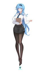 Rule 34 | 1girl, absurdres, alternate costume, artist name, black hairband, black pantyhose, black skirt, blue hair, blue necktie, book, collared shirt, commentary request, eula (genshin impact), full body, genshin impact, hairband, highres, holding, holding book, kazezz, long hair, looking at viewer, necktie, office lady, pantyhose, parted lips, pencil skirt, purple eyes, shirt, simple background, skirt, solo, very long hair, white background, white shirt