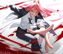 Rule 34 | + +, 1girl, black jacket, black necktie, black pants, black suit, blood, blood drop, breasts, chainsaw man, collared shirt, commentary, cowboy shot, cross-shaped pupils, demon horns, dress shirt, foreshortening, formal, grin, hair between eyes, hemokinesis, horns, jacket, long hair, looking at viewer, medium breasts, necktie, open clothes, open jacket, outstretched arm, pant suit, pants, pants rolled up, pink hair, power (chainsaw man), shirt, simple background, slashing, smile, solo, suit, symbol-shaped pupils, teeth, white background, white shirt, wing collar, yellow eyes, zhq7041