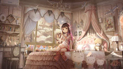 Rule 34 | &gt; &lt;, 1girl, :3, ^ ^, air conditioner, analog clock, arm support, artist name, barefoot, bed, bed sheet, bell, bird, blunt bangs, book, bookshelf, bow, bowtie, brown eyes, brown hair, cake, chair, chandelier, clock, closed eyes, cup, curtains, desk, desk lamp, doll, dress, dutch angle, english text, feather hair ornament, feathers, flower, flower pot, food, framed, frilled pillow, frills, full body, gradient hair, hair flower, hair ornament, highres, holding, holding cup, indoors, inkwell, jingle bell, key, lamp, long hair, looking at viewer, mirror, multicolored hair, on bed, open window, painting (object), petals, photo (object), picture frame, pillow, pink flower, pointer, portrait (object), puppet, purple hair, quill, red bow, red bowtie, red flower, roman numeral, rose, scarf, shirt, short sleeves, sitting, smile, smiley face, snow globe, solo, striped clothes, striped shirt, stuffed animal, stuffed cat, stuffed toy, teacup, teapot, teddy bear, teruterubouzu, text focus, tree, vase, whiskers, wind chime, window, x-red flower, yellow bow, yellow bowtie, yellow flower, yokozuwari