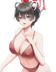 Rule 34 | 1girl, absurdres, animal ears, bikini, black hair, blue archive, blush, breasts, cleavage, collarbone, commentary, covered erect nipples, doenji (auto7233), grey eyes, halo, highres, large breasts, looking at viewer, navel, open mouth, red bikini, revision, short hair, simple background, solo, stomach, sweat, swimsuit, tsubaki (blue archive), white background
