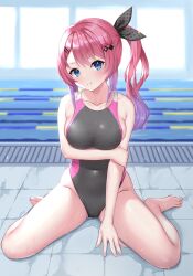 Rule 34 | 1girl, absurdres, barefoot, black one-piece swimsuit, blue eyes, breasts, commentary request, commission, competition swimsuit, full body, gradient hair, hair ribbon, highres, idios, kuramochi meruto, lane line, looking at viewer, medium breasts, multicolored clothes, multicolored hair, multicolored swimsuit, ncontrail (mgax7527), nijisanji, one-piece swimsuit, pink hair, pool, purple hair, ribbon, side ponytail, sitting, skeb commission, solo, swimsuit, tile floor, tiles, virtual youtuber, wariza, wet, wet clothes, wet swimsuit