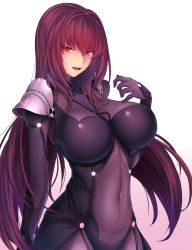 Rule 34 | 1girl, absurdres, armor, blush, bodysuit, breasts, covered navel, fate/grand order, fate (series), hair between eyes, highres, hip focus, large breasts, long hair, looking at viewer, lun7732, open mouth, pauldrons, purple bodysuit, purple hair, red eyes, scathach (fate), shoulder armor, simple background, solo, white background