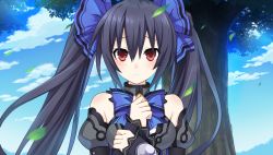 Rule 34 | 1girl, bare shoulders, black hair, blush, breasts, chou megami shinkou noire gekishin black heart, game cg, hair ribbon, highres, long hair, looking at viewer, medium breasts, neptune (series), noire (neptunia), official art, open mouth, red eyes, ribbon, solo, tsunako, twintails