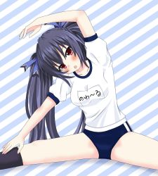 Rule 34 | black hair, blue background, blush, breasts, exercising, exhausted, highres, leg warmers, long hair, medium breasts, nel 6108, neptune (series), noire (neptunia), open mouth, red eyes, shirt, shorts, sitting, stretching, striped, thighs, training, tsundere, twintails