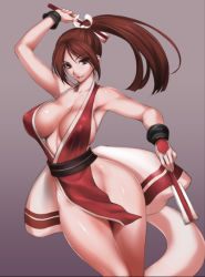 Rule 34 | 1girl, breasts, brown eyes, brown hair, cleavage, covered erect nipples, fatal fury, folded fan, folding fan, gradient background, hand fan, large breasts, light smile, long hair, looking at viewer, no panties, pelvic curtain, ponytail, raised eyebrow, rindou (radical dream), shiranui mai, short hair, solo, the king of fighters, thighs, wide hips