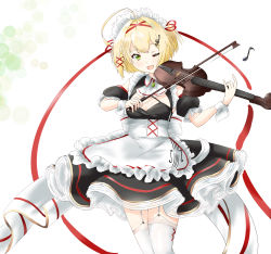 Rule 34 | anchor symbol, apron, azur lane, black dress, blonde hair, bow, breasts, cleavage, detached sleeves, dress, frilled apron, frills, garter straps, green eyes, hair ornament, highres, holding, holding instrument, holding violin, instrument, layered dress, maid apron, maid headdress, mumei shumi, music, official alternate costume, one eye closed, open mouth, playing instrument, puffy short sleeves, puffy sleeves, red ribbon, ribbon, short sleeves, simple background, small breasts, solo, southampton (afternoon impromptu) (azur lane), southampton (azur lane), standing, thighhighs, violin, white apron, white background, white bow, white garter straps, white thighhighs, wrist cuffs, x hair ornament