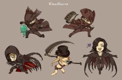Rule 34 | 1girl, 4boys, :d, ;d, alien, arizuka (catacombe), ascot, black cape, black footwear, black hair, black headwear, black pants, bloodborne, breasts, brown coat, brown headwear, brown pants, brown scarf, brown shirt, bug, butterfly, cape, celestial emissary, coat, grey background, grin, hair over one eye, hat, highres, holding, holding scythe, hood, hood up, hunter (bloodborne), insect, large breasts, multiple boys, one eye closed, open mouth, original, pants, red coat, scarf, scythe, shirt, short hair, simple background, smile, standing, sword, teeth, top hat, torn cape, torn clothes, tricorne, weapon