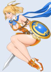 Rule 34 | 1girl, bare shoulders, belt, belt buckle, blonde hair, blue scarf, breasts, buckle, cassandra alexandra, cleavage, cleavage cutout, clothing cutout, detached collar, elbow gloves, eyelashes, from side, full body, gloves, green eyes, grey background, hair ribbon, highres, holding, holding sword, holding weapon, legs, medium breasts, open mouth, parted bangs, ponytail, ribbon, scarf, shield, sideboob, simple background, skirt, smile, solo, soul calibur, soulcalibur, soulcalibur vi, sword, thighs, weapon