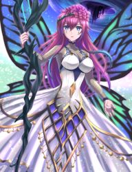 Rule 34 | 1girl, absurdres, alternate costume, black sleeves, blue eyes, breasts, butterfly wings, commentary request, commission, dress, facial mark, fire emblem, fire emblem heroes, flower, hair between eyes, hair flower, hair ornament, highres, holding, holding staff, insect wings, kakiko210, large breasts, long hair, long sleeves, nintendo, open mouth, purple hair, skeb commission, solo, staff, thorns, triandra (fire emblem), white dress, wings