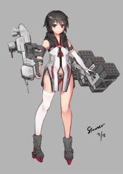 Rule 34 | black hair, breasts, gloves, highres, mecha musume, original, panties, personification, purple eyes, red panties, red ribbon, ribbon, short hair, small breasts, solo, stmast, thighhighs, thighs, type 055 destroyer, underwear, weapon, white gloves, white thighhighs