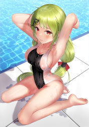 Rule 34 | 1girl, armpits, arms up, ass, bare arms, bare legs, bare shoulders, black one-piece swimsuit, blush, breasts, cleavage, commission, competition swimsuit, from above, girls&#039; frontline, green eyes, hair ornament, highres, kneeling, large breasts, long hair, looking at viewer, mk48 (girls&#039; frontline), one-piece swimsuit, parted lips, pixiv commission, pool, red eyes, shirosaba, sideboob, smile, solo, swimsuit, thighs, water