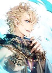 Rule 34 | 1boy, adjusting scarf, ahoge, aladdin (sinoalice), bad id, bad pixiv id, blue eyes, bracelet, chain, energy, happy, highres, hoshizaki reita, japanese clothes, jewelry, kimono, looking at viewer, male focus, messy hair, necklace, open mouth, petals, scarf, short hair, signature, sinoalice, solo