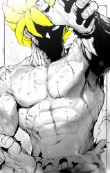 Rule 34 | 1boy, abs, absurdres, blonde hair, blood, blue eyes, dragon ball, dragonball z, eyes in shadow, foreshortening, greyscale, highres, injury, looking at viewer, male focus, monochrome, muscular, muscular male, niwarhythm, pants, shaded face, simple background, son goku, spot color, super saiyan, super saiyan 1, torn clothes, torn pants, veins, veiny arms