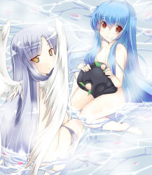 Rule 34 | 10s, 2girls, angel beats!, angel wings, barefoot, blue hair, censored, convenient censoring, covering privates, covering crotch, female focus, food, from behind, fruit, hair censor, hair over breasts, hat, unworn hat, unworn headwear, hinanawi tenshi, long hair, looking back, multiple girls, name connection, nude, nude cover, partially submerged, peach, petals, red eyes, sesield, sitting, smile, tenshi (angel beats!), touhou, very long hair, wariza, water, wings, yellow eyes