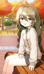 Rule 34 | 1girl, ahoge, autumn leaves, banned artist, bench, black skirt, blue eyes, blush, braid, brown cardigan, cardigan, collared shirt, commentary request, day, feet out of frame, ginka (gink a), green hair, green necktie, hair between eyes, highres, long hair, long sleeves, looking at viewer, necktie, on bench, open mouth, outdoors, park bench, plaid necktie, plaid neckwear, pleated skirt, princess connect!, school uniform, shirt, sitting, skirt, sleeves past wrists, solo, tree, twin braids, very long hair, white shirt, yuni (princess connect!), yuni (real) (princess connect!)