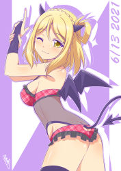 Rule 34 | 1girl, ;3, absurdres, ass, birthday, blonde hair, braid, breasts, bunji, commentary, crown braid, dated, demon horns, demon tail, demon wings, gloves, hair rings, highres, horns, large breasts, looking at viewer, love live!, love live! sunshine!!, medium hair, ohara mari, one-piece swimsuit, one eye closed, see-through, shiny skin, sidelocks, signature, solo, swimsuit, tail, thighhighs, wings, yellow eyes