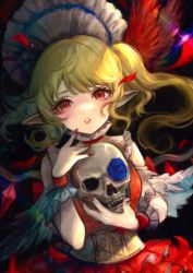 Rule 34 | 1girl, fang, flandre scarlet, flower, highres, kyogoku-uru, lipstick, looking at viewer, makeup, nail polish, pointy ears, red eyes, red nails, rose, skull, solo, touhou, wrist cuffs