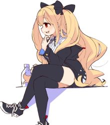 Rule 34 | 1girl, black bow, black footwear, black jacket, black thighhighs, blonde hair, bottle, bow, cross-laced footwear, crossed legs, hair bow, highres, jacket, long hair, long sleeves, mota, open mouth, original, red eyes, shirt, shoes, sitting, smile, sneakers, solo, striped clothes, striped shirt, thighhighs, two side up, white background, white shirt