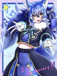 Rule 34 | 1girl, absurdres, animal ears, blazer, blue hair, dire wolf (kemono friends), extra ears, gloves, grey eyes, highres, jacket, kemono friends, kemono friends v project, kuru one, long hair, looking at viewer, microphone, navel, open mouth, ribbon, scarf, simple background, skirt, smile, solo, tail, twintails, virtual youtuber, wolf ears, wolf girl, wolf tail