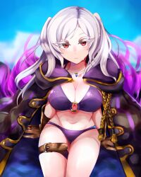 Rule 34 | 1girl, bikini, breasts, brown gloves, cleavage, coat, coat on shoulders, corruption, dark persona, dqadrz64, eyelashes, fire emblem, fire emblem awakening, fire emblem heroes, gloves, grima (fire emblem), highres, intelligent systems, large breasts, long hair, looking at viewer, nintendo, official alternate costume, possessed, possession, purple bikini, red eyes, robin (female) (fire emblem), robin (female) (summer) (fire emblem), robin (fire emblem), solo, swimsuit, twintails, wet, white hair