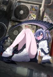 Rule 34 | 1girl, air conditioner, alley, bad id, bad twitter id, black hair, brick wall, blowing bubbles, bubble tea, chewing gum, china dress, chinese clothes, cup, disposable cup, dress, drinking straw, ear piercing, grey hair, hand in pocket, highres, holding, holding scythe, horns, jacket, legs, multicolored hair, on ground, original, piercing, puddle, red eyes, reflection, reflective water, scythe, shoes, sitting, sneakers, solo, streaked hair, tail, thighs, tokiti, tsurime, twintails, white footwear, white jacket