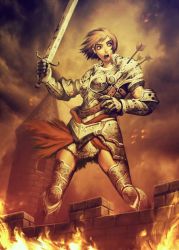 Rule 34 | 1girl, animification, armor, arrow (projectile), blue eyes, brown hair, castle, fire, genzoman, gloves, jeanne d&#039;arc, level-5, open mouth, real life, short hair, solo, sword, tower, wall, war, weapon
