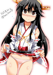 Rule 34 | 10s, 1girl, black hair, brown eyes, clothes lift, detached sleeves, hairband, haruna (kancolle), kantai collection, long hair, nontraditional miko, panties, skirt, skirt lift, solo, train 90, underwear