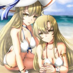 Rule 34 | 2girls, armlet, ass, beach, bikini, blonde hair, blue sky, breasts, butt crack, cleavage, collarbone, day, downpants, free note017, hat, langrisser, large breasts, looking at viewer, lying, multiple girls, ocean, on side, on stomach, outdoors, rana (langrisser), riana (langrisser), siblings, sisters, sky, smile, string bikini, sun hat, swimsuit, twins, white bikini, white headwear, yellow eyes