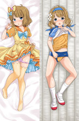 Rule 34 | 1girl, ahoge, bad id, bad pixiv id, bed sheet, blouse, blue bow, blue buruma, blue eyes, blue hairband, blush, bow, brown dress, brown hair, brown thighhighs, buruma, buruma aside, cameltoe, chestnut mouth, clothes lift, clothing aside, commentary request, dakimakura (medium), dress, flo (guilty hearts), flower, gym shirt, gym uniform, hair bow, hair flower, hair ornament, hairband, hand up, heavy breathing, highres, idolmaster, idolmaster million live!, lifting own clothes, lying, multiple views, navel, no shoes, nose blush, on back, open mouth, orange panties, orange shirt, panties, panty pull, parted lips, pink panties, pleated dress, shirt, shirt lift, shoes, short sleeves, socks, suou momoko, thighhighs, underwear, uwabaki, white flower, white footwear, white shirt, white thighhighs