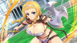 Rule 34 | 1girl, armor, belt, black panties, blonde hair, blue eyes, braid, breastplate, breasts, buckle, cleavage, crossover, day, exiled warrior leina, gauntlets, greaves, hairband, holding, holding sword, holding weapon, large breasts, leina (queen&#039;s blade), leina (queen's blade), navel, official art, outdoors, panties, queen&#039;s blade, senran kagura, senran kagura new link, shield, short hair, solo, sword, twin braids, underwear, v-shaped eyebrows, weapon, yaegashi nan