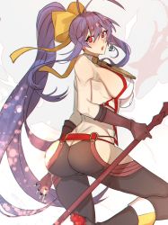 Rule 34 | 1girl, antenna hair, arc system works, ass, bare shoulders, blazblue, blush, bow, breasts, butt crack, cameltoe, fingerless gloves, from behind, genderswap, genderswap (mtf), gloves, hair bow, highres, large breasts, long hair, looking at viewer, looking back, mai natsume, open mouth, pants, polearm, ponytail, purple hair, red eyes, roas01b, shiny skin, sideboob, skin tight, solo, spear, very long hair, weapon
