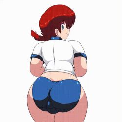 Rule 34 | 1girl, animated, animated gif, ass, ass focus, ass shake, bare legs, bare shoulders, blue buruma, blue eyes, blush, braid, buruma, cameltoe, clothes lift, curvy, eyeshadow, gym uniform, holding, huge ass, legs together, looking at viewer, looking back, makeup, midriff, moyashi, navel, ranma-chan, ranma 1/2, red hair, shiny skin, simple background, single braid, smile, sweat, thighs, white background, wide hips