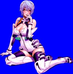 Rule 34 | 1girl, adapted costume, arm support, ayanami rei, biting, blue hair, blush, boots, breasts, cleavage, cleavage cutout, clothing cutout, curvy, duplicate, elbow gloves, finger biting, from side, full body, gloves, hair between eyes, half-closed eyes, halterneck, highres, hip focus, invisible chair, kneeling, large breasts, leaning to the side, leotard, lipstick, makeup, naughty face, neon genesis evangelion, aged up, plugsuit, red eyes, short hair, sitting, solo, thigh boots, thighhighs, thighs, transparent background, white thighhighs, wide hips, yamashita shun&#039;ya, zettai ryouiki