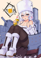 Rule 34 | &gt;:o, 1girl, :o, ?, absurdres, alcohol, aurora (bilan hangxian), azur lane, bad id, bad pixiv id, bare shoulders, beer, beige background, blue eyes, blush, boots, braid, breasts, brown pantyhose, can, cannon, cleavage, clenched hand, collarbone, commentary request, drink can, drunk, foreshortening, fur-trimmed boots, fur trim, hair between eyes, hat, heart, highres, holding, knee boots, knees up, legs together, long hair, long sleeves, looking at viewer, machinery, medium breasts, nose blush, off shoulder, open mouth, pantyhose, shiny skin, silver hair, simple background, single braid, slm, soda can, solo, speech bubble, spoken object, star (symbol), sweat, tsurime, turret, v-shaped eyebrows, very long hair, white footwear, white hat