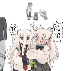 Rule 34 | 2koma, 3girls, anchor symbol, aqua eyes, breast lift, breasts, cleavage, cleavage cutout, clothing cutout, comic, conte di cavour (kancolle), conte di cavour nuovo (kancolle), dress, hair between eyes, headdress, height difference, hibiki (kancolle), huge breasts, kantai collection, kokoyashi, littorio (kancolle), long hair, long sleeves, multiple girls, neckerchief, red eyes, red neckerchief, school uniform, serafuku, shortstack, sleeveless, sleeveless dress, speech bubble, translation request, two side up, wavy hair, white dress, white hair