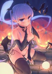 Rule 34 | 1girl, animal, bad id, bad pixiv id, bare shoulders, bat (animal), black footwear, black panties, black thighhighs, black wings, blush, boots, breasts, bridal gauntlets, cameltoe, closed mouth, collarbone, commentary request, crop top, demon girl, demon tail, demon wings, glowing, hand up, head wings, high heel boots, high heels, index finger raised, jack-o&#039;-lantern, licking lips, long hair, looking at viewer, navel, new game!, nitro (mugityaoisii), panties, pointy ears, purple eyes, purple hair, side-tie panties, sidelocks, small breasts, smile, solo, suzukaze aoba, tail, thighhighs, tongue, tongue out, twintails, underwear, very long hair, wings