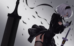 Rule 34 | 1girl, android, bad id, bad pixiv id, black dress, black hairband, blindfold, blue eyes, boots, cleavage cutout, clothing cutout, covered eyes, dress, feather-trimmed sleeves, from side, hairband, highres, juliet sleeves, leotard, long sleeves, looking at hands, looking down, nier (series), nier:automata, no blindfold, pink lips, puffy sleeves, scal2let, silver hair, solo, sword, thighhighs, thighhighs under boots, vambraces, weapon, white leotard, 2b (nier:automata)