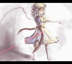 Rule 34 | 1girl, canae0, dress, female focus, glowing, glowing eye, gradient background, hat, letterboxed, red eyes, remilia scarlet, solo, touhou, white background