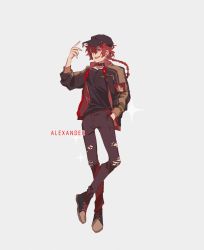 Rule 34 | 1boy, alexander (fate), bad id, bad twitter id, black jacket, black legwear, black shirt, braid, braided ponytail, fate/grand order, fate (series), hair between eyes, hand in pocket, highres, jacket, male focus, open clothes, open jacket, open mouth, pants, red eyes, red hair, shirt, shoes, smile, solo, sparkle, striped clothes, striped jacket, suto (sakumaaritsu), tagme, torn clothes, torn legwear, torn pants