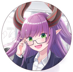 Rule 34 | 1girl, :d, absurdres, adjusting eyewear, circle, eithne (sennen sensou aigis), fang, glasses, green eyes, highres, horns, indoors, long hair, looking at viewer, open mouth, paper, pointy ears, purple hair, sennen sensou aigis, smile, striped horns, upper body, yumao (pixiv70319438)