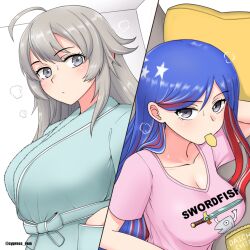 Rule 34 | 2girls, ahoge, alternate costume, blue hair, blush, breasts, chips (food), cleavage, closed mouth, clothes writing, cypress, food, grey eyes, grey hair, hair between eyes, kantai collection, large breasts, long hair, mouth hold, multicolored hair, multiple girls, pink shirt, potato chips, red hair, revision, robe, shirt, short sleeves, south dakota (kancolle), twitter username, washington (kancolle)