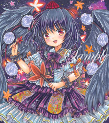 Rule 34 | 1girl, :d, autumn leaves, black hair, black wings, center frills, cowboy shot, feathered wings, frilled shirt collar, frilled skirt, frills, hat, hauchiwa, looking at viewer, marker (medium), open mouth, orange ribbon, pom pom (clothes), print skirt, puffy sleeves, purple skirt, red eyes, red hat, ribbon, rui (sugar3), sample watermark, shameimaru aya, skirt, sleeve ribbon, smile, solo, tokin hat, touhou, traditional media, watermark, wings