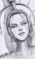 Rule 34 | 1girl, commentary, earrings, eldar, english commentary, facial mark, graphite (medium), greyscale, hair ornament, hair pulled back, hair tubes, high ponytail, jewelry, lewdanon, lips, long hair, long neck, monochrome, pointy ears, portrait, solo, traditional media, warhammer 40k, yvraine