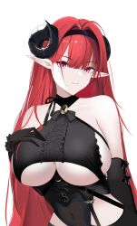 Rule 34 | 1girl, absurdres, azur lane, black bow, black gloves, black hairband, black horns, bow, breasts, center frills, collarbone, commentary, covered navel, crop top, curled horns, elbow gloves, frills, gloves, hair over shoulder, hairband, hand on own chest, highres, hindenburg (azur lane), horns, large breasts, long hair, mole, mole under eye, pink eyes, pointy ears, red hair, solo, underboob, wo meiyou mao