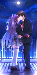 Rule 34 | 1boy, 1girl, absurdres, black hair, black jacket, black pants, blue hair, brown footwear, cat, closed eyes, collared shirt, couple, from side, full body, full moon, gradient hair, grey skirt, hair ribbon, hand on another&#039;s hip, hetero, highres, jacket, kiss, little busters!, loafers, long hair, long sleeves, miniskirt, moon, multicolored hair, naoe riki, necktie, night, night sky, open clothes, open jacket, otou (otou san), pants, pleated skirt, purple hair, purple ribbon, red necktie, ribbon, sasasegawa sasami, school uniform, shirt, shoes, short hair, skirt, sky, thighhighs, very long hair, white thighhighs, wing collar, zettai ryouiki